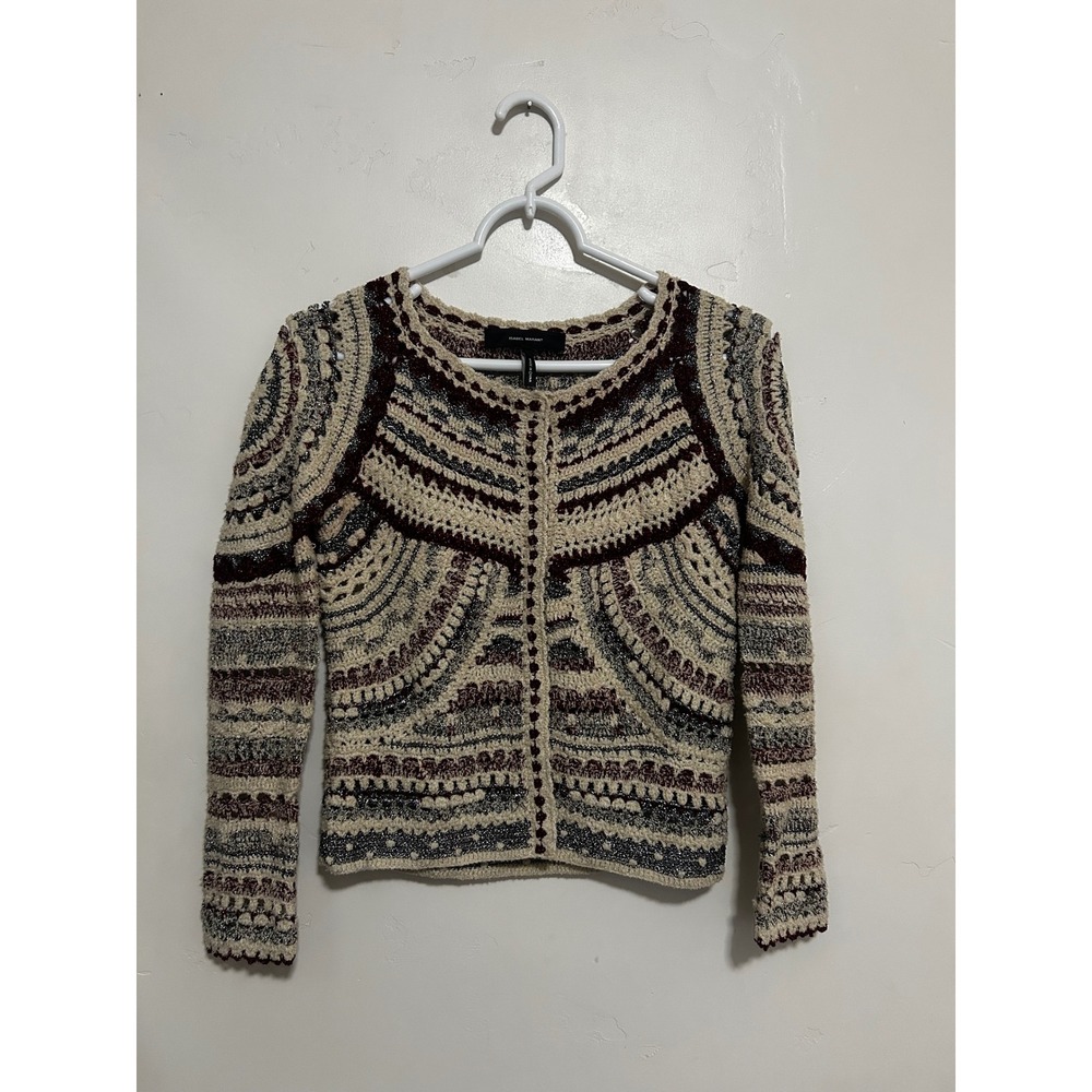 Isabel Marant Metallic Crochet Cardigan Cream Burgundy Silver Snap Front Size 38